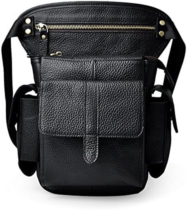 11" Retro Men's Genuine Leather Waist Pack Casual Shoulder Bags Messenger bag drop leg bag (Black)