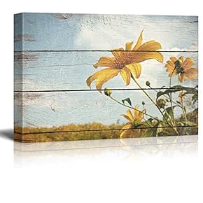 Wildflowers in a Field - Rustic Floral Arrangements - Pastels Colorful Beautiful - Wood Grain Antique - Canvas Art Home Art - 12x18 inches