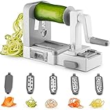 Gourmia GSS9615 Foldable 5 Blade Spiralizer Vegetable Slicer - 5 Stainless Steel Blades for Thick and Thin Pasta Spirals - No-Skid Suction Feet - Storage Container - BPA Free Gray