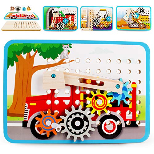 VATOS Wooden Board Gear Toys STEM Construction Toy Set Vehicles 4in1