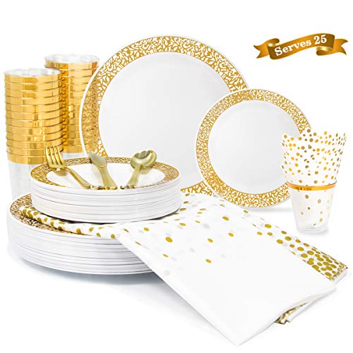 200 Piece Gold Lace Rim Dinnerware Set, 50 Plastic Plates - 25 Plastic Cups - 50 Napkins -75 Cutlery set, 25 Guest Disposable Gold Tableware Set (Bonus: 2 Pack Matching Plastic Tablecloths)