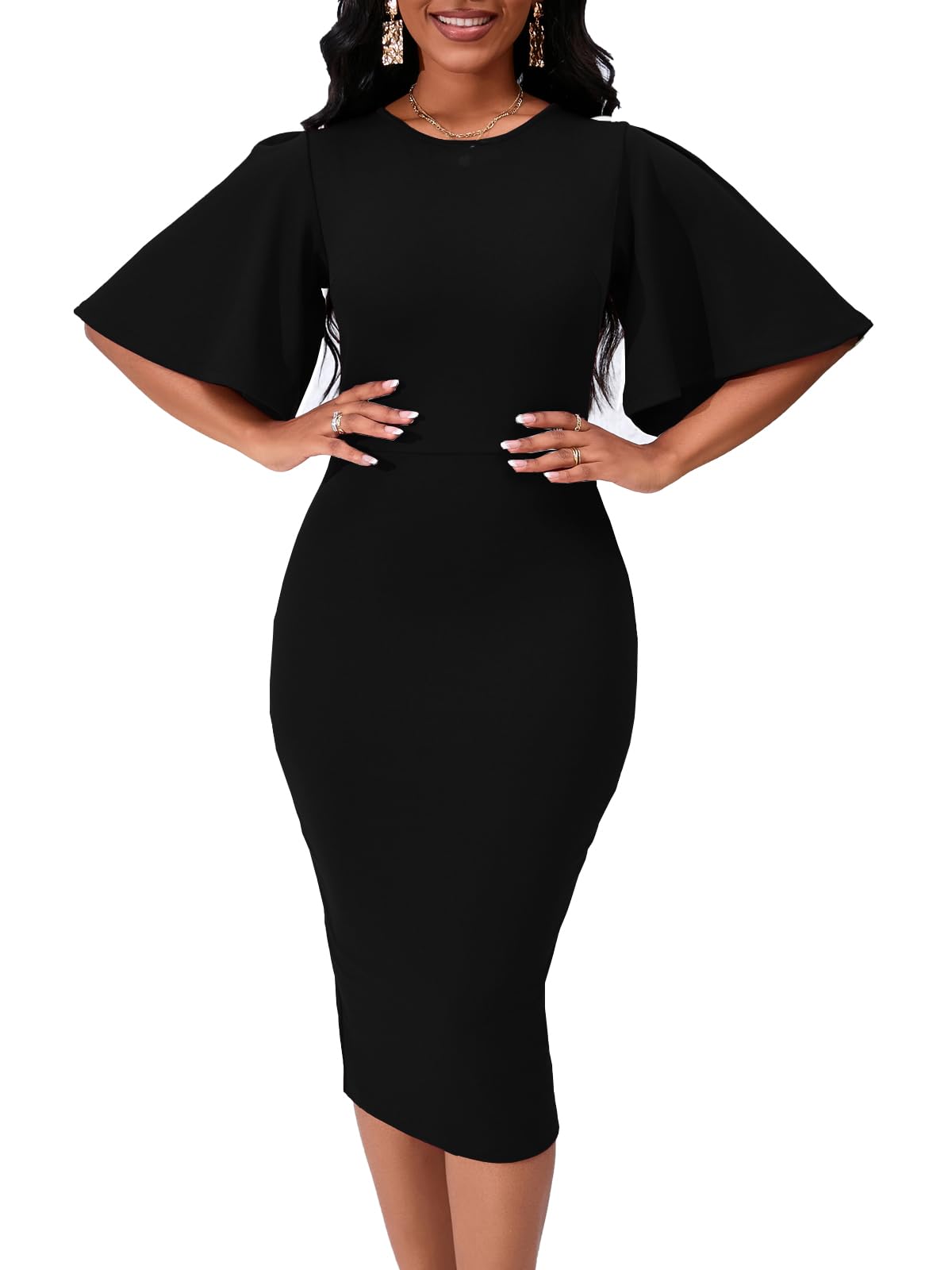 Photo 1 of WanMem Black Funeral Dresses for Women Ruffle Flared Short Sleeve Bodycon Sheath Dress, Black