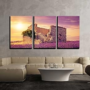 3 Piece Canvas Wall Art - Lavender Field at Sunset, Provence - Modern Home Art Stretched and Framed Ready to Hang - 16"x24"x3 Panels
