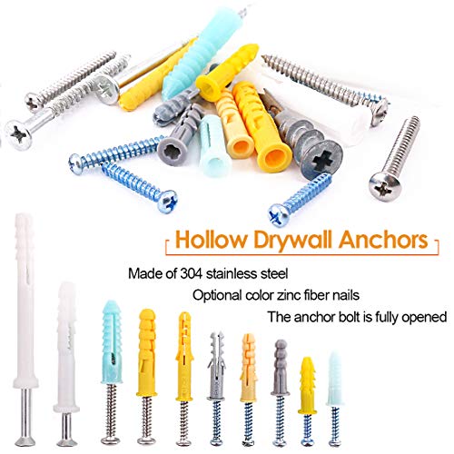 Rustark 220Pcs [11 Sizes] Plastic Self Drilling Drywall Ribbed Anchors Hollow Drywall Anchors