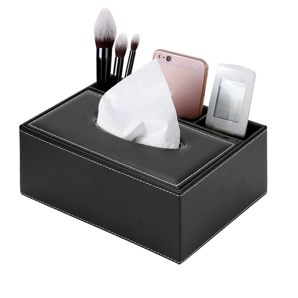 Qchomee PU Leather Desk Organiser Remote Control Holder Multifunction Desktop Supplies Organisers Storage Box Tissue Box Home Office Supplies Accessories Holder 4 Compartments Black