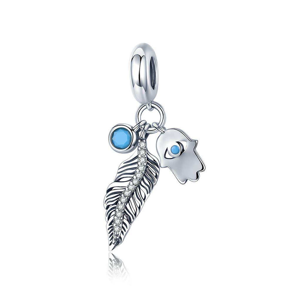 Bijoux Blu Bohemian Feather Genuine 925 Sterling Silver Bohemian Feather And Hamsa Hand Blue Eye Pendant Charm fit Charm Bracelet DIY Jewellery