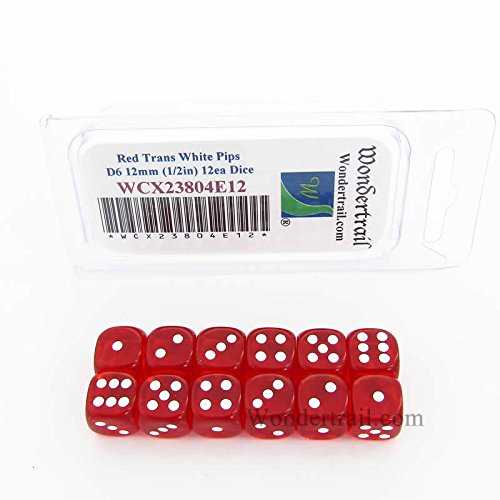 Red Translucent Dice White Pips D6 12mm Pack of 12 Wondertrail WCX23804E12