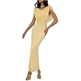 GORGLITTER Women's Ruched Mesh Bodycon Maxi Dresses Draped Front Cowl Neck Wedding Guest Cocktail Long Dress