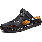 Mens Closed Toe Leather Sandals Summer Casual Fisherman Sandals Walking Outdoor Beach Shoes (898Black 46)