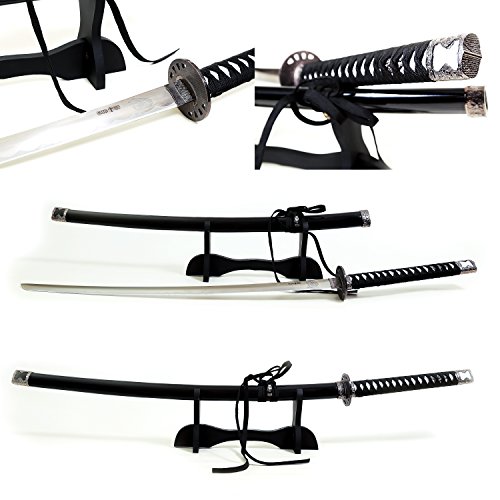 Samurai Katana Full Tang Sword - Fixed Blade Stainless Steel Ninja Weapon - Black Lacquered Wood Scabbard - Golden Samurai Bushido Code - Japanese Sharp Blade for Decoration and Gifts - Grand Way 4123