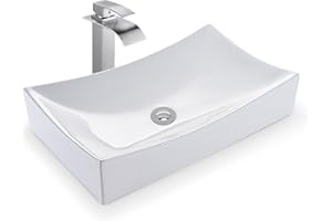 Aquaterior Rectangle White Countertop Ceramic Bathroom Vessel Sink Kit with Waterfall Spout Single Handle Faucet and Chrome Drain