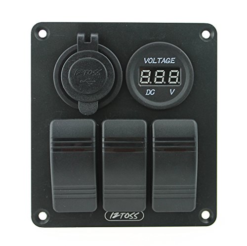 Iztoss 3 gang rocker switch panel with DC12V/24V voltmeter 3.1A(2.1A+1A) dual USB wiring kits DC12V/24V for Marine Boat Car Rv Vehicles Truck Red led