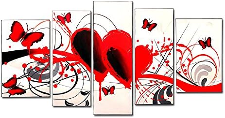 VASTING ART 5 Panel Oil Paintings Framed Canvas Wall Art, Hand Painted Modern Abtract Art Painting Love Hearts Butterflies Ready to Hang for Bedroom Living Room Wall Decor