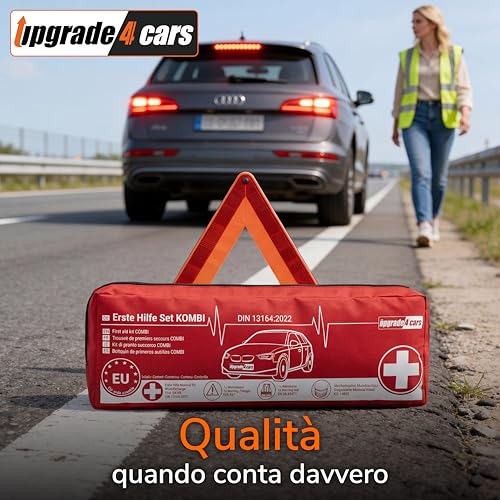 Upgrade4cars Car First Aid Kit 2026 with Emergency Triangle and Jacket according to Current Standard DIN 13164 Valid in All Europe Combination Bag Car Emergency Accessories