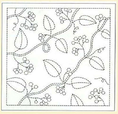 Sashiko Fabric - Sashiko Pre-printed Sampler - Berries &amp; Leafy Branches # 13 - WHITE - Japanese Embroidery, Quilting, Sewing