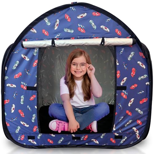 Blue Race Car Sensory Tent for Kids – Pop-Up Blackout Tent for Autism, ADHD, Sensory Play, Calm Down Corner – Indoor/Outdoor Portable Playhouse for Toddlers and Children