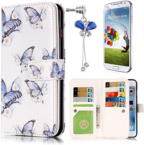LG G4 Stylus 5.7" Case, Sunroyal PU Leather Magnetic Folio Flip Cover with Crystal Dustproof Pendant Screen Protector 9 Card Slots & Cash Holder Case Blue Butterfly Pattern