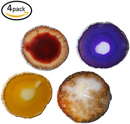 Natural Sliced Agate Coasters,Crystal Gemstone Cup Mat for Drinks.Hand-Picked,Sliced and Polished to Perfection.with Protective Rubber Bumpers.4-5",Set of 4.Perfect for Everyday Use,as well as Gifts