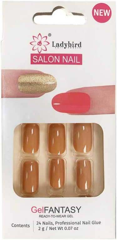 GENNYUE 24Pcs Middle Long Fake Nails, Full Cover Glossy Square Artificial False Nails Acrylic Nail Tips with Nail Glue, 1 Pack (Light Coffee)