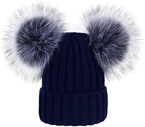 DELORESDKX Women’s Winter Beanie Hat Knitted Faux Fur Double Pom Pom Beanie Hat Pompom Ears (Navy Blue)