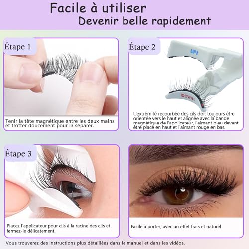 Chlffua Kit de Faux Cils Magnétiques Rose, Faux Cils au Look Naturel avec Applicateur, Demi-Cils et Cils Complets, Réutilisables, Sans Colle