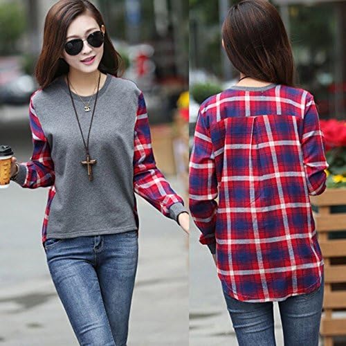 Naomi Drury Womens Plaid Checked Long Sleeve Casual Tee Shirt Loose T Shirt Tops Blouse Gray L