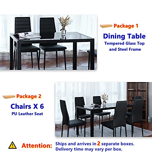 BAHOM 7 Piece Kitchen Dining Table Set for 6, Glass Dining Table and 6