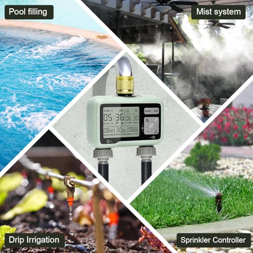 Johgee Sprinkler Timer 2 Zone Brass Inlet, Water Timer for Garden Hose Faucet 2 Outlet, Programmable Water Hose Timers Irrigation System Controller with Child Lock Mode, Auto & Manual Mode, Rain Delay