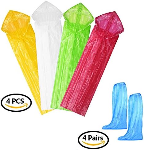 4 Pack Emergency Rain Poncho with Sleeves &amp; Adjustable Hood,Bonus 4 Pair Shoe Covers,Traveling Portable Raincoat One Size Fit All,PE Material,Perfect to Keep in Emergency Kit,Backpack,Home,Office