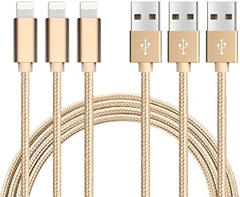 [3ft x 3 Pack] Juvnile Nylon Braided USB A to Lightning Compatible Cable, High Durability - Apple MFi Certified - Gold (3 Pack x 3ft)