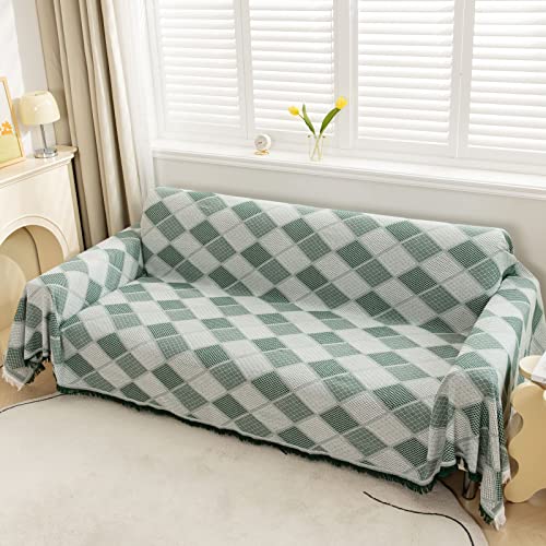 LHGOGO Woven Sofa Throws Large 3 or 4 Seater Extra Large Throws for Sofas Settees and Bed, Versatile Reversible Stylish Diamond Pattern Decorative Sofa Cover with Tassels - Green, 180x340cm