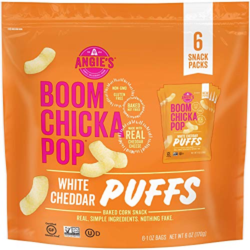 Angie's BOOMCHICKAPOP White Cheddar Puffs Baked Corn Snacks, 1 Ounce Snack Pack Bag, 6-Count