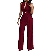 LalaLin Sexy 3/4 Sleeve Jumpsuit for Women V Neck High Waisted Long Wide Leg Pant Button Down Party Romper with Belt