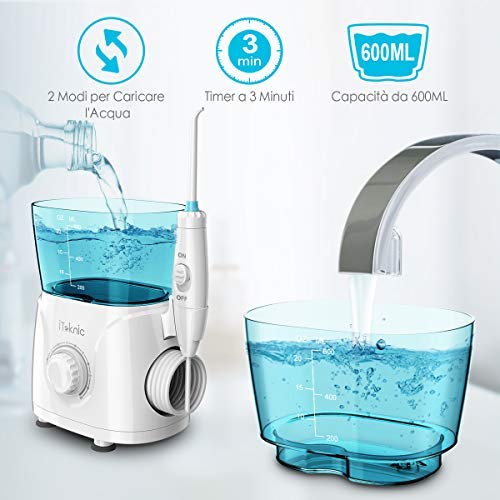 Idropulsore Dentale Professionale iTeknic Irrigatore Dentale Elettrico Irrigatore Orale con 7 Beccucci Intercambiabili, 10 Impostazioni di Velocità e Serbatoio da 600ml per Pulizia Dentale Igiene Dentale
