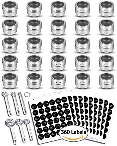 25 Magnetic Spice Tins, 360 PVC Spice Labels, 6 Stainless Steel Measuring Spoons and Recipes E-Book by SWOMMOLY. Round Design with Clear Top Lid and Soft/Pour Option - Great Storage Jars for Spices