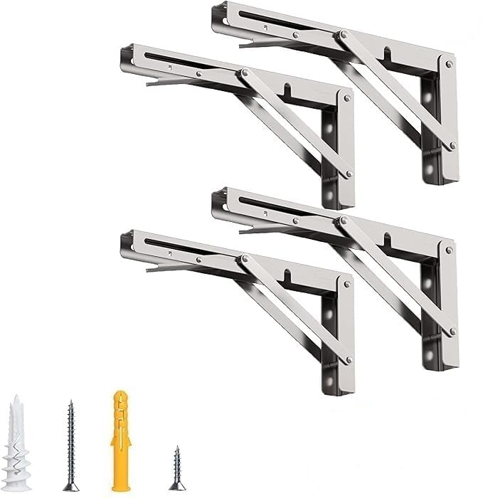 Photo 1 of LuckIn 16 Inch Folding Shelf Brackets Heavy Duty Stainless Steel Collapsible Triangle Shelf Brackets for Wall Mounted Floating Shelf Brackets Foldable Table Support up to 300 lbs, Silver, 4 Pcs