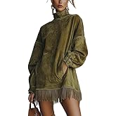 Melliflo Womens Velvet Mini Dress Fall Long Sleeve Mockneck Fringe Hem Loose Dresses Vintage Western Party Dress with Pockets