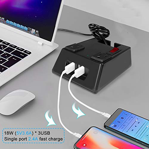Office Power Strip Table Mount Recessed Surge Protector with USB (18W