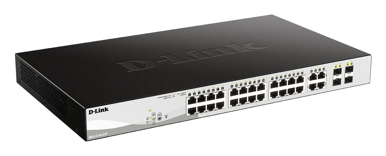 D-Link DGS-1210-24P 24-Port Gigabit PoE Smart Managed Switch with 4 SFP ports (12 x PoE ports), 193 W Power Budget, Enhanced L2 Switching and Security