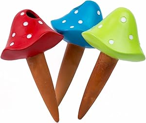 Watering Globes- Mushroom Terracotta, 3 Self Watering System Spikes, Automatic Plant Waterer Irrigation Drippers, Plant Watering Wands Indoor Plants, Hanging Pots Outdoor (Mushrooms, Red Green Blue)