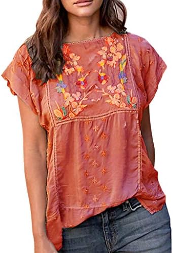 Mebamook Summer Tops for Women, Vintage Embroidery Print T-Shirt O-Neck Short Sleeve Top Blouse