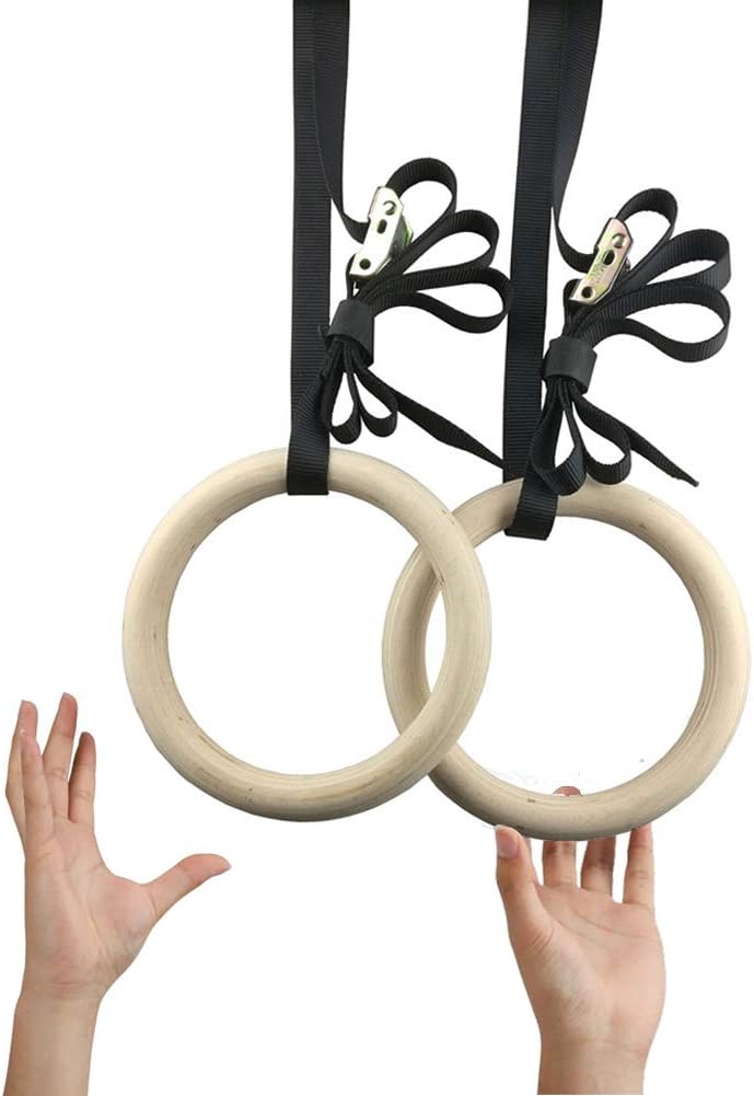 Wood Gymnastics Rings with Adjustable Cam Buckle 15ft Long Straps Exercise Rings Non-Slip for Home Gym Full Body Workout,1 lot 32mm