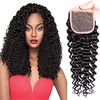 JOYFUL QUEEN 10 Inch 4x4 Brazilian Deep Wave Lace Closure Human Hair Free Part 8A Pre Plucked Lace Closure 100% Brazilian Virgin Hair Curly Lace Closure Natural Color