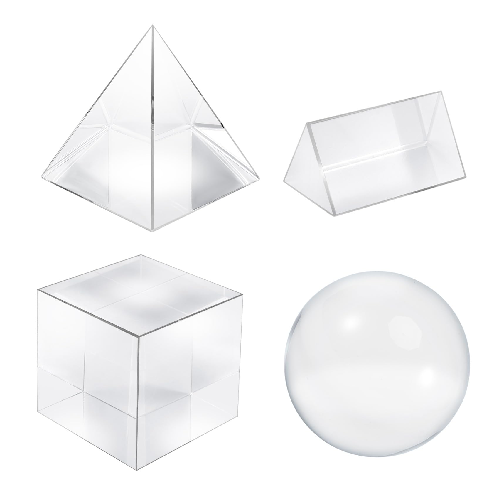 A set of 4 K9 optical crystal photography prisms, 50-60mm crystal balls, crystal cubes, triangular prisms, and optical pyramids, used for scientific physics, gaming, and photography teaching