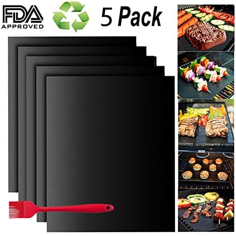 BBQ Grill Mat Set of 5, Non Stick Oven Liner Teflon Cooking Mats/Barbecue Sheets - Perfect for Baking on Gas, Oven, Charcoal and Electric Grills - Reusable, Durable, Heat Resistant 15.75" x 13"