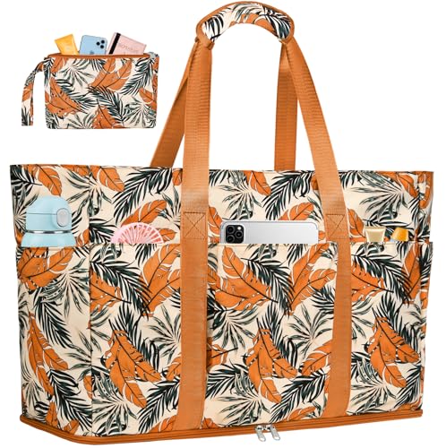 LUROON Large XXL Family Beach Bag with Zip, Waterproof, Women's Beach Bag, Foldable, Shopper, Beach Bag for Travel, Shopping, 50 x 35 x 20 cm, orange