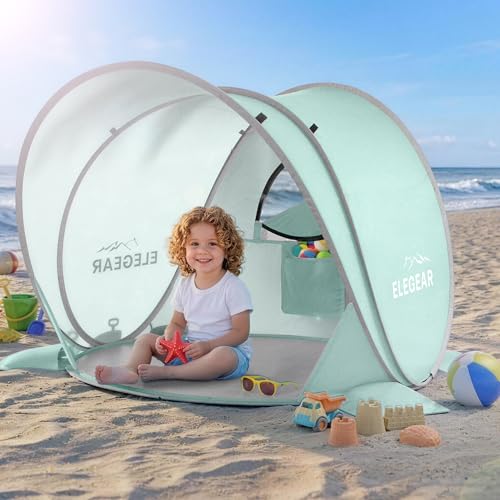 Elegear Carpa de Playa para Bebé Portátil, Pop-Up Refugio Solar con Protección Solar, UPF 50+ Protección UV Carpa de Playa para Bebé, Fácil Instalación y Ligera Tienda con Toldo para Costa,Verde Claro