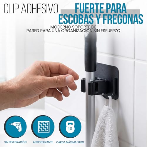 MIQUEP® ️ 4 x Stylish Adhesive Broom and Mop Hanger | Broom Holder Wall Without Drill, Broom Hanger Hooks for Home Cleaning.
