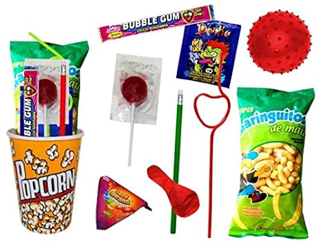 Lote de 10 Vasos Palomiteros Popcorn con Golosinas, Pajitas, Lápices y Balón. Regalos