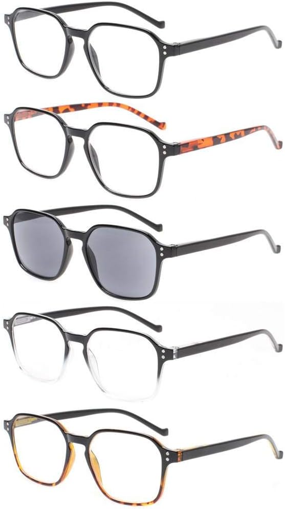 5 Pack Men Stylish Spring Hinge Reading Glasses Lightweight Readers Includes Sun Readers (3.00, 5 Mix Color)